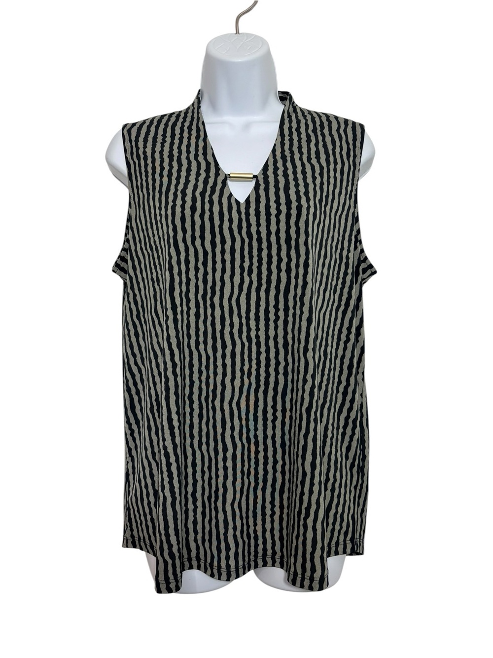 Jones New York Olive Black Stripped Lightweight V-neck Tunic Tank Top SzL